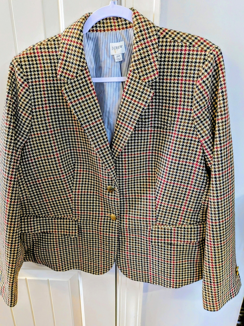 J. Crew Wool Blend Houndstooth Plaid Blazer Size 20 Gold Crest Buttons
